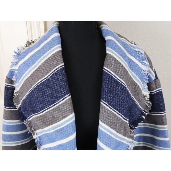 Wonderly Blue Gray Striped WOOL Blend Cardigan Jacket Knit Open Front Fringe SM - Picture 2 of 7